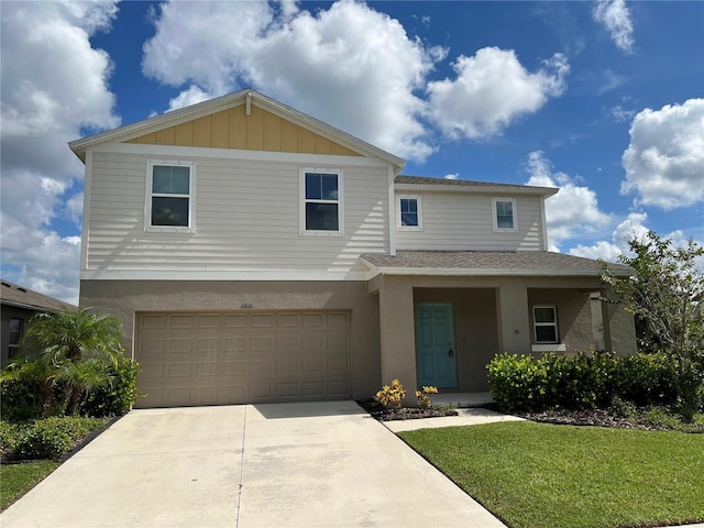 view of front of house featuring roof with shingles, stucco siding, a garage, and concrete driveway