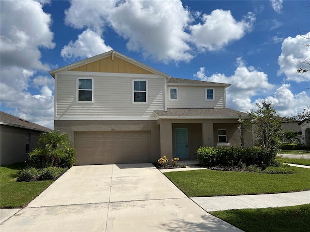 view of front of home with a shingled roof, an attached garage, stucco siding, a front lawn, and driveway