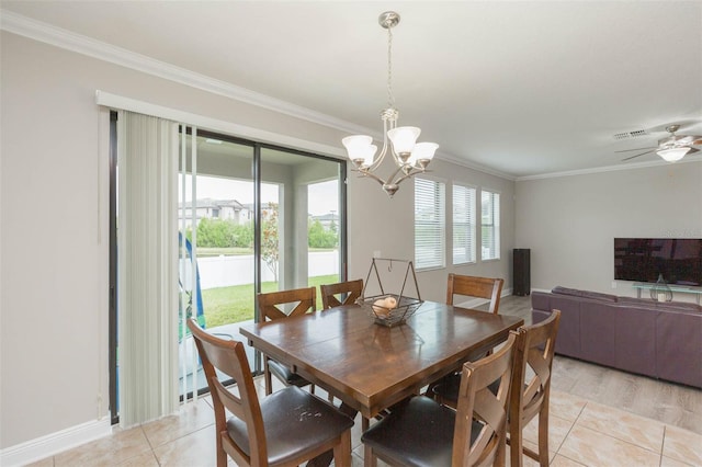 dining room featuring ceiling fan with notable chandelier, light wood-type flooring, and crown molding