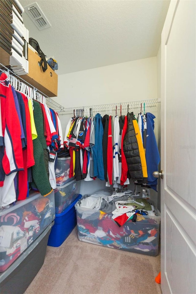 walk in closet featuring carpet floors