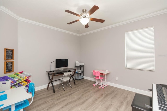 home office featuring ornamental molding, light wood-type flooring, ceiling fan, and heating unit