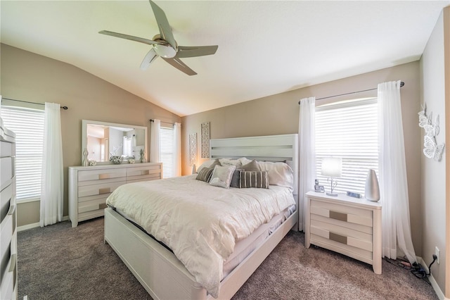 carpeted bedroom featuring vaulted ceiling and ceiling fan