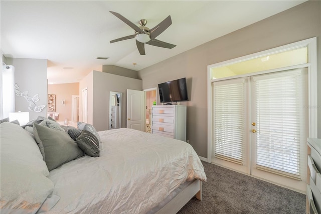 carpeted bedroom featuring lofted ceiling, ceiling fan, and access to outside