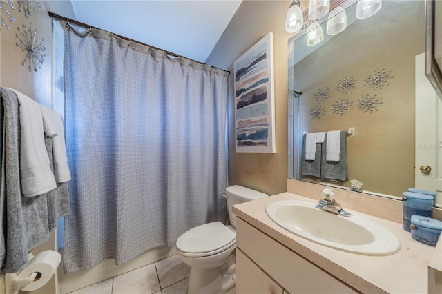 full bathroom with shower / bathtub combination with curtain, vanity, lofted ceiling, tile patterned flooring, and toilet