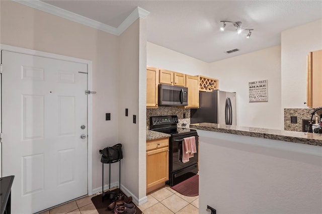 kitchen featuring light stone countertops, light tile patterned floors, stainless steel appliances, light brown cabinetry, and ornamental molding