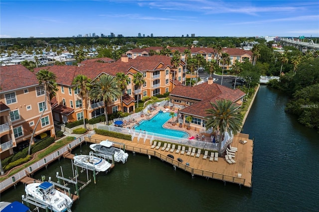 birds eye view of property featuring a water view