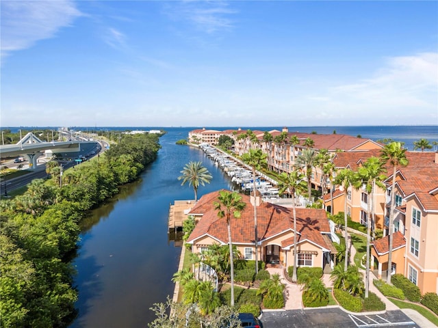 drone / aerial view with a water view