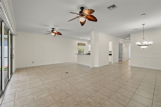 tiled empty room featuring ceiling fan with notable chandelier and ornamental molding