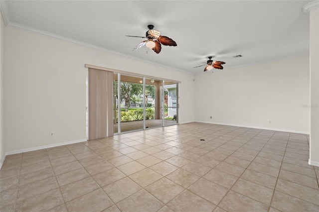 tiled empty room featuring ceiling fan and crown molding