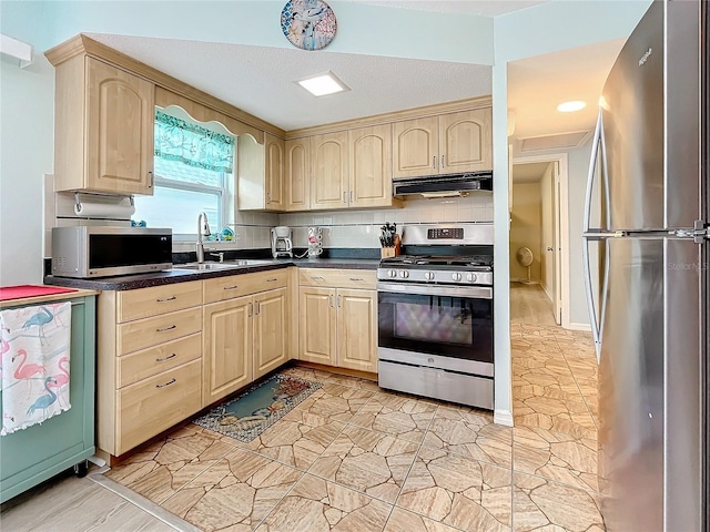 kitchen with backsplash, light brown cabinets, sink, and stainless steel appliances