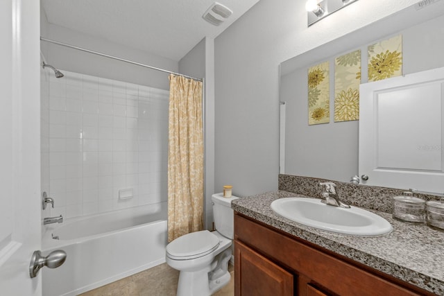 full bathroom featuring shower / tub combo, tile patterned flooring, vanity, and toilet