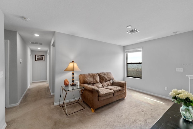 living room featuring light carpet