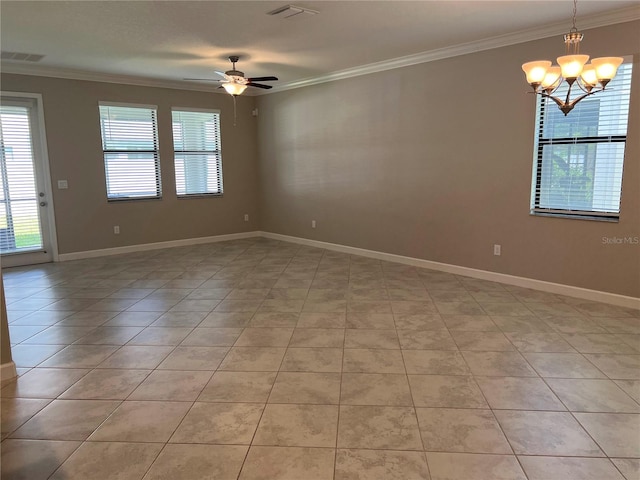 unfurnished room featuring ceiling fan with notable chandelier, crown molding, and light tile patterned floors