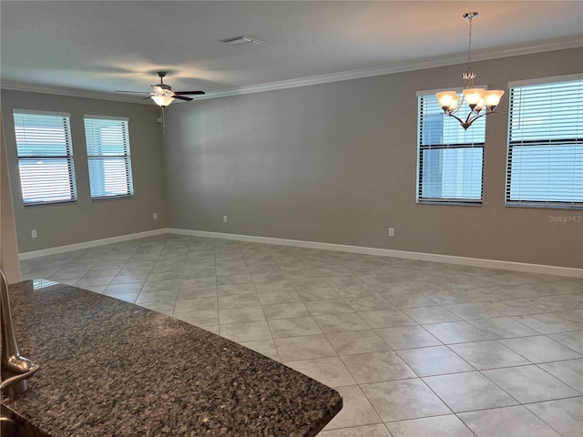 spare room featuring light tile patterned flooring, ceiling fan with notable chandelier, and ornamental molding