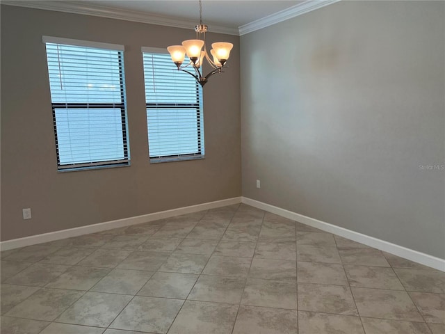 empty room featuring crown molding, light tile patterned flooring, and a chandelier