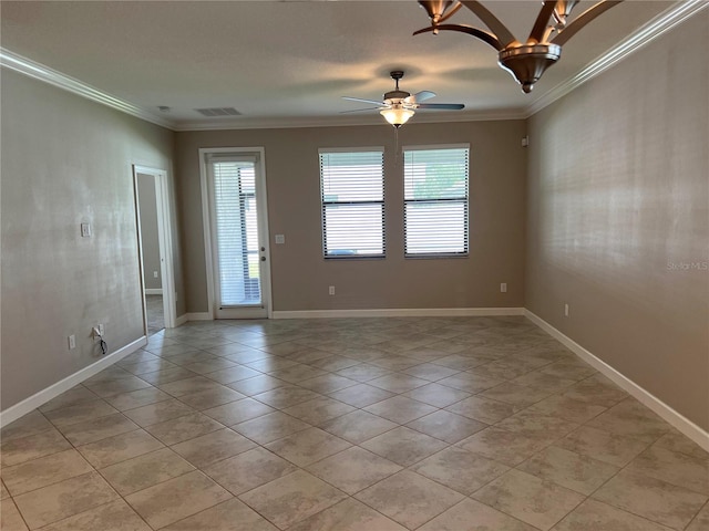 tiled spare room with ceiling fan with notable chandelier and ornamental molding