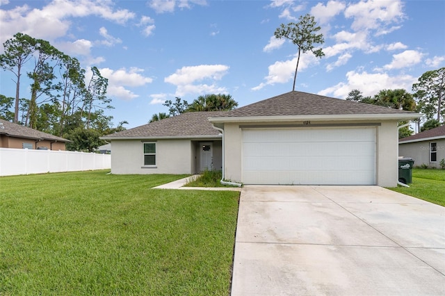 ranch-style home featuring a front yard and a garage