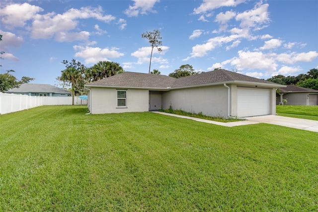 single story home featuring a front lawn and a garage