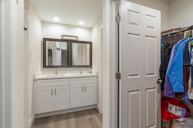 bathroom featuring vanity and hardwood / wood-style floors