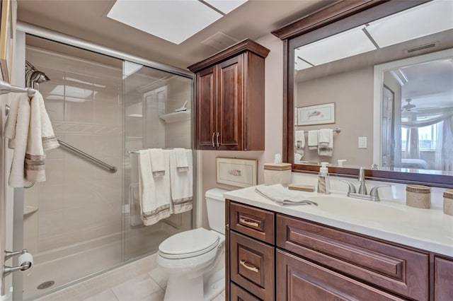 bathroom featuring walk in shower, tile patterned floors, ceiling fan, vanity, and toilet