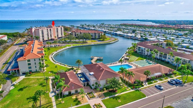 aerial view featuring a water view