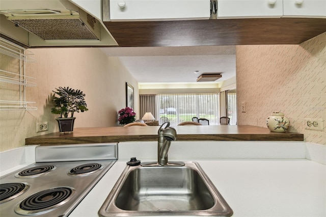 kitchen featuring ventilation hood, stainless steel range oven, sink, and white cabinets