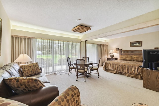 bedroom with a textured ceiling, carpet flooring, and access to exterior