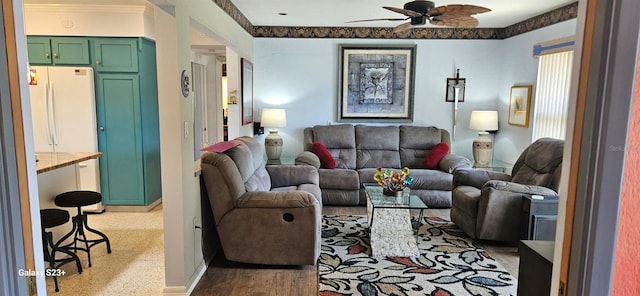 living room featuring ceiling fan