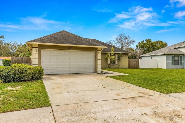 ranch-style home with a front yard and a garage