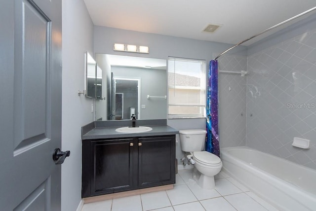 full bathroom with tile patterned flooring, vanity, toilet, and shower / bath combination with curtain