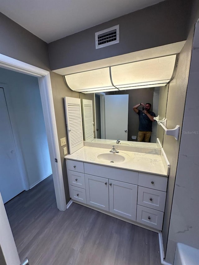 bathroom featuring wood-type flooring and vanity