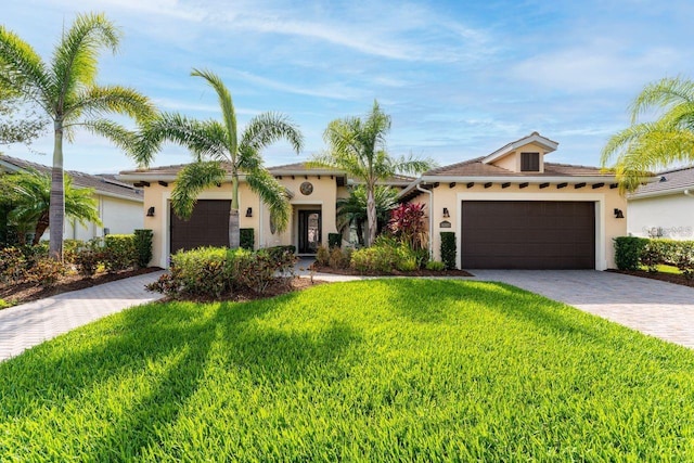 mediterranean / spanish home featuring a garage and a front lawn