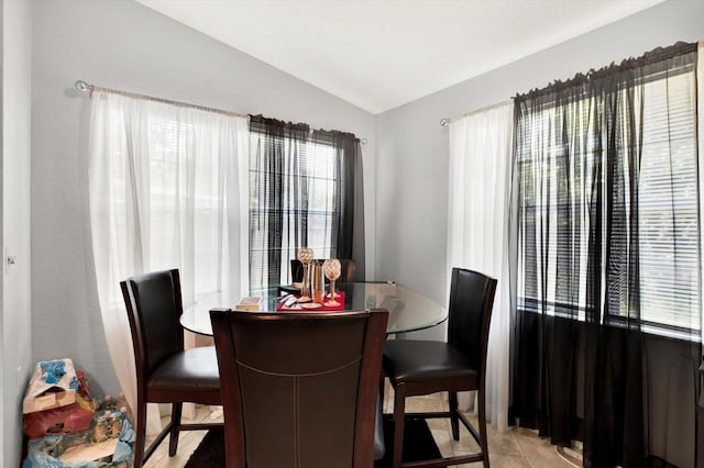 dining room with light hardwood / wood-style floors, vaulted ceiling, and a wealth of natural light