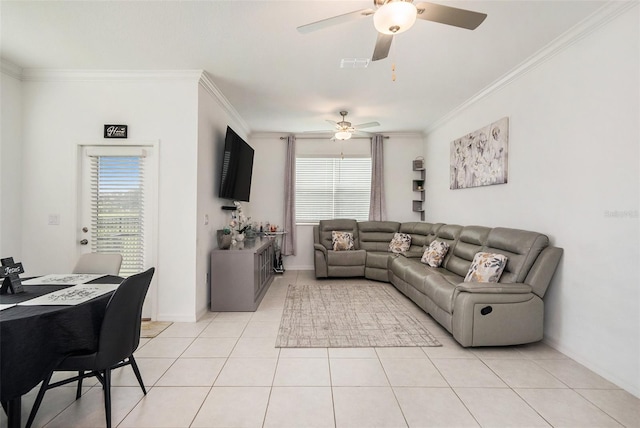 tiled living room featuring ceiling fan and ornamental molding