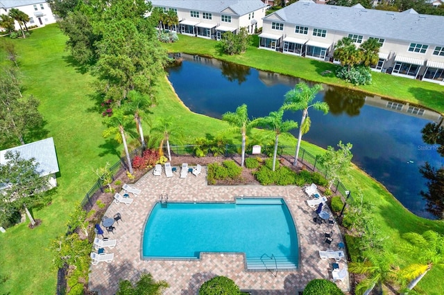 drone / aerial view with a water view