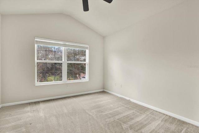 carpeted empty room with a wealth of natural light, ceiling fan, and lofted ceiling