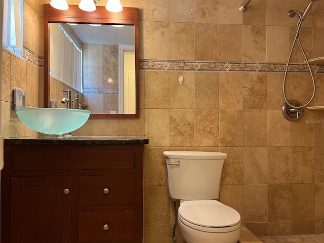 bathroom with vanity, tile walls, and toilet