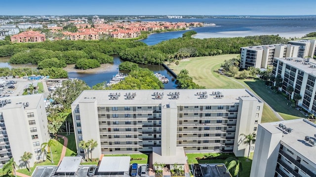 drone / aerial view with a water view