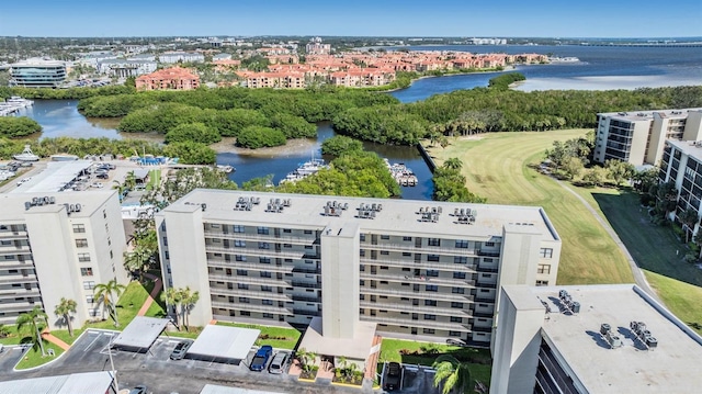 drone / aerial view with a water view