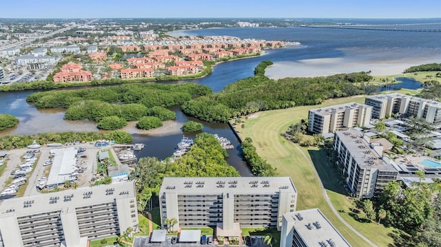 bird's eye view with a water view