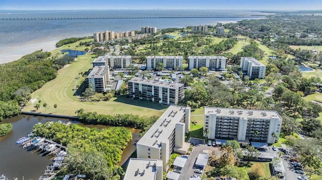 bird's eye view with a water view