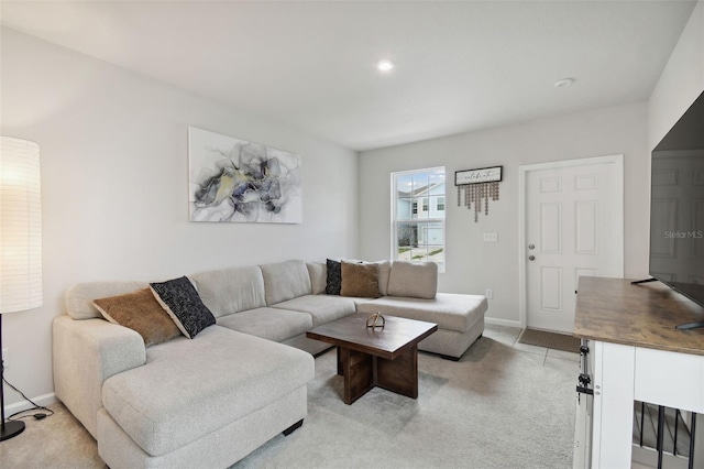 living room with light colored carpet