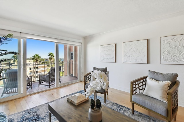 living room featuring ornamental molding and wood-type flooring