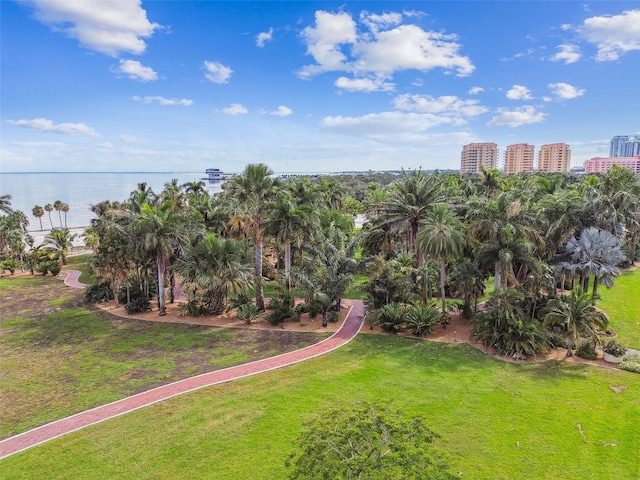 drone / aerial view featuring a water view