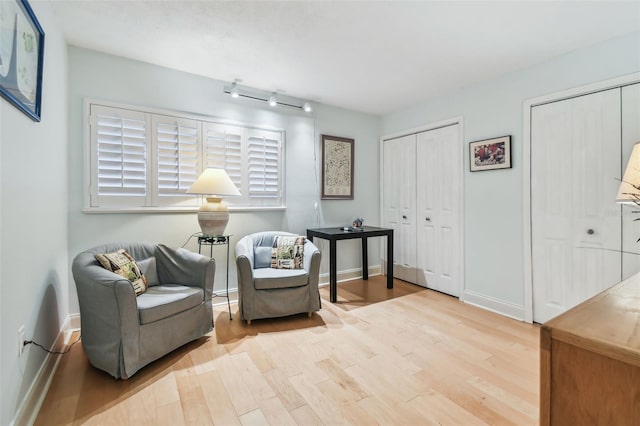 living area with rail lighting and light hardwood / wood-style floors