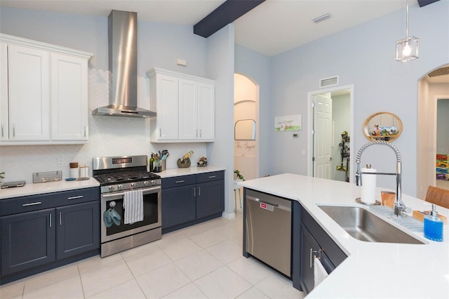 kitchen with stainless steel appliances, white cabinetry, sink, and wall chimney exhaust hood