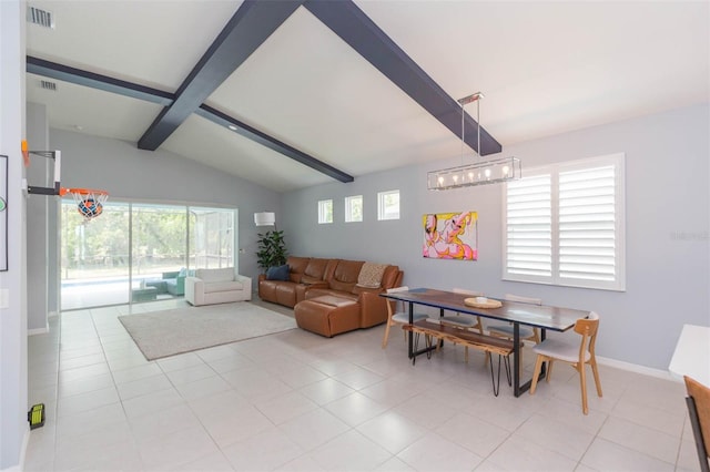 interior space with a wealth of natural light and vaulted ceiling with beams