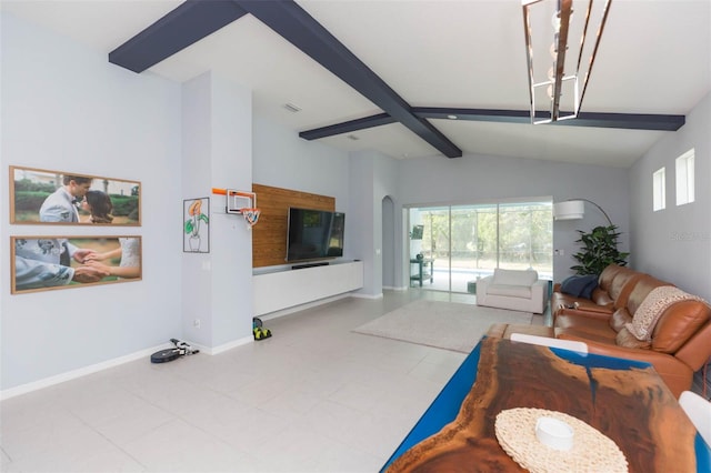 living room with vaulted ceiling with beams