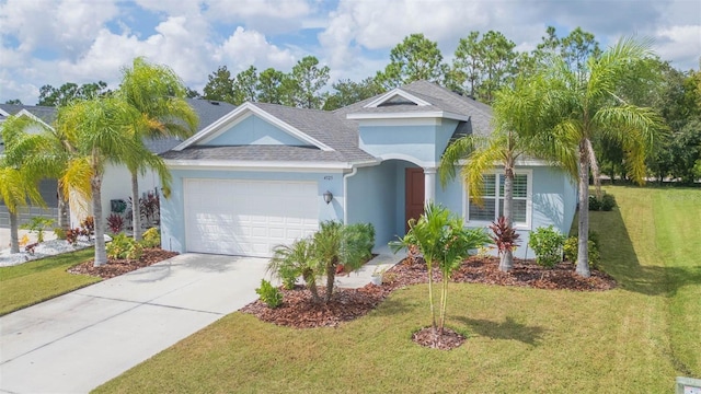 view of front of property with a front yard and a garage