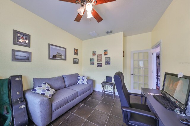 tiled office with ceiling fan